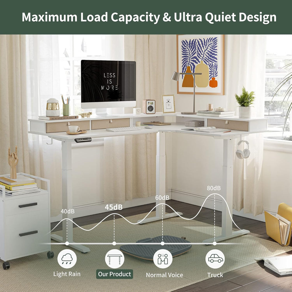 63" Triple Motor L Shaped Standing Desk with 3 Drawers, 330LBS Electric Standing Gaming Office Desk L Shape, Pure White