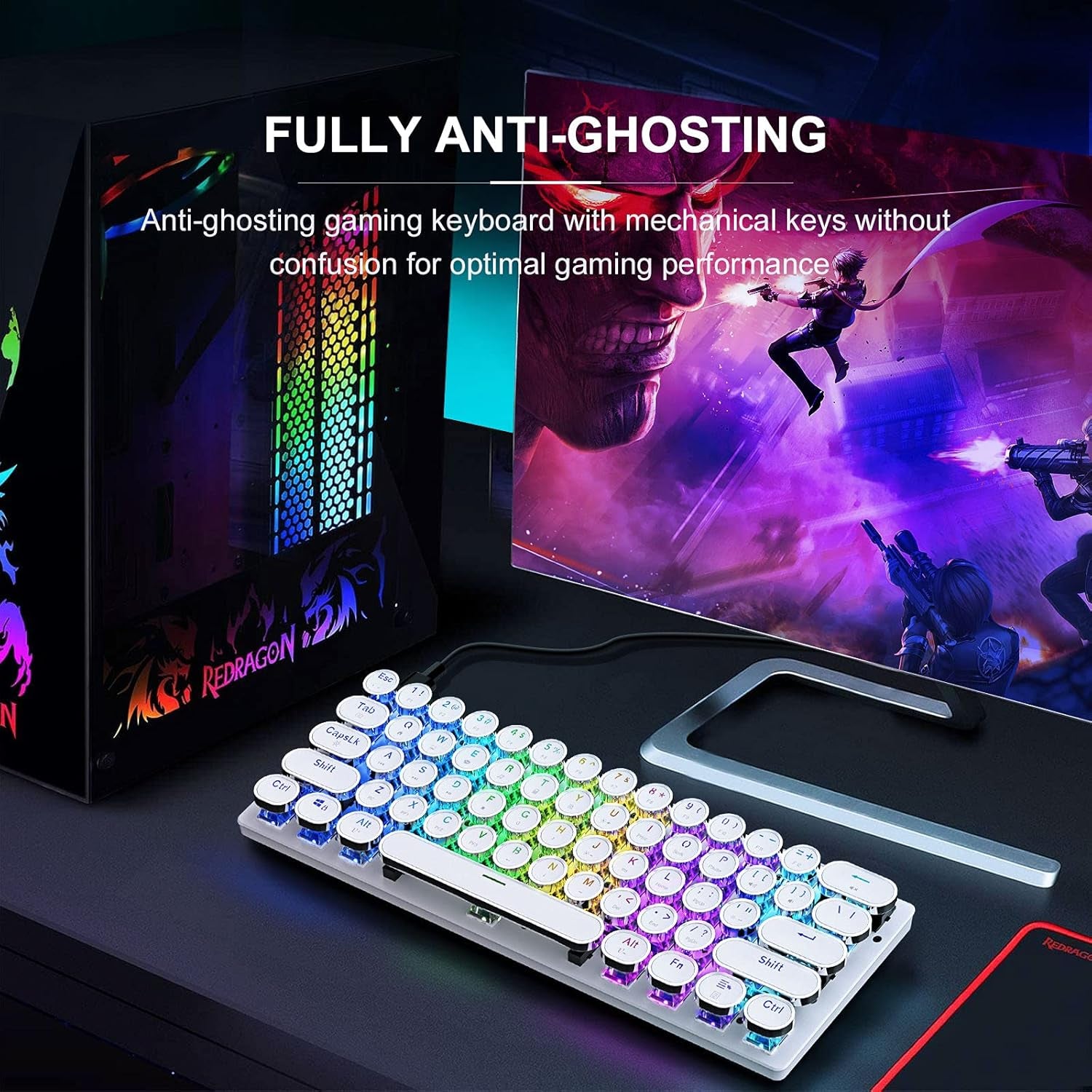 60% Mechanical Keyboard, Gaming Keyboard for PC, Wired Mini White Keyboaed Compact RGB LED Backlit, Retro Computer Keyboard Typewriter Style round Keycap for PC Gamer/Office, 61 Keys