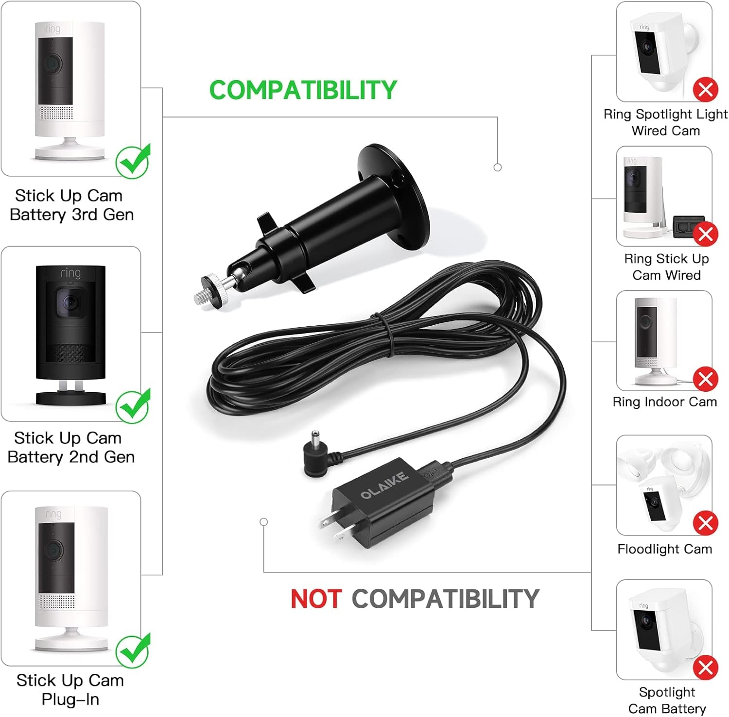 Power Adapter with Metal Mount Plug in Charger for Stick up Cam Battery, (5M/ 16Ft) Waterproof Charging Cable Bundle with 360 Degree Angle Adjustment Bracket, Black