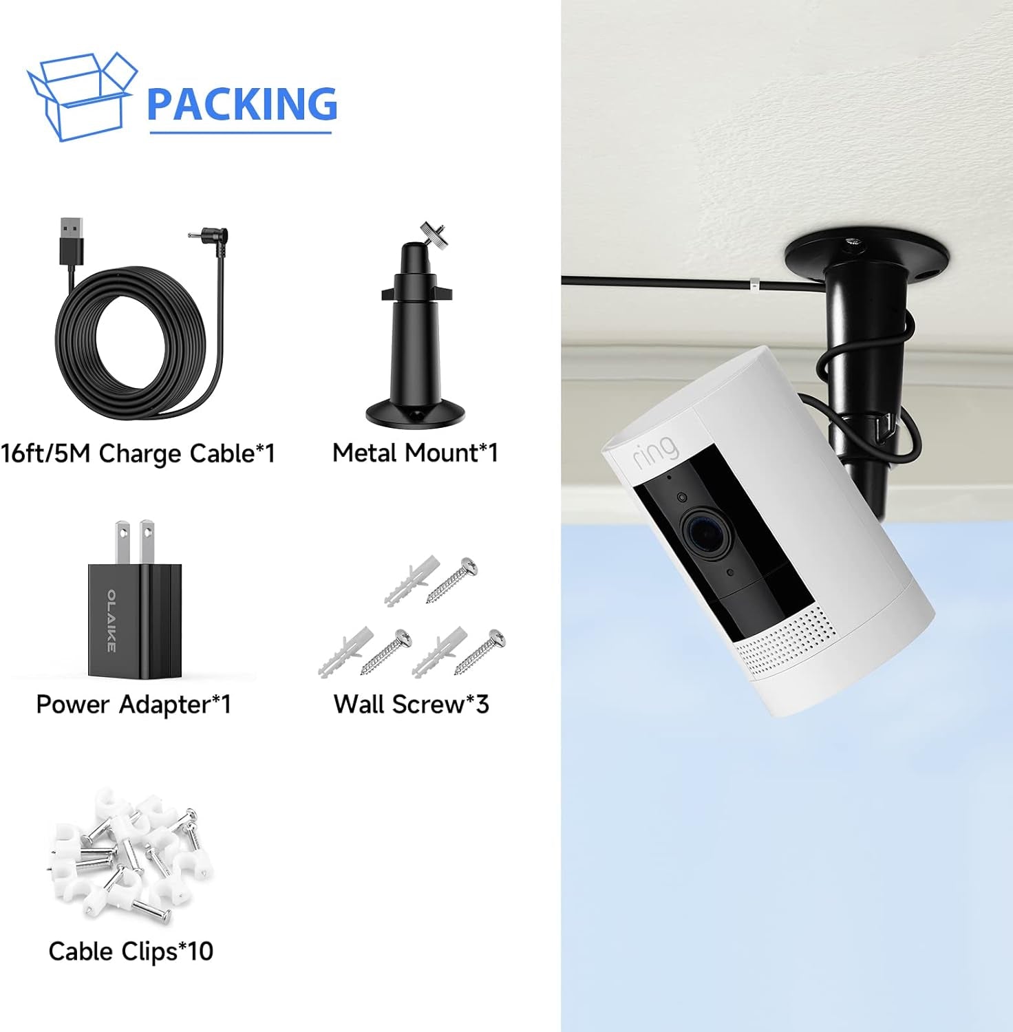 Power Adapter with Metal Mount Plug in Charger for Stick up Cam Battery, (5M/ 16Ft) Waterproof Charging Cable Bundle with 360 Degree Angle Adjustment Bracket, Black