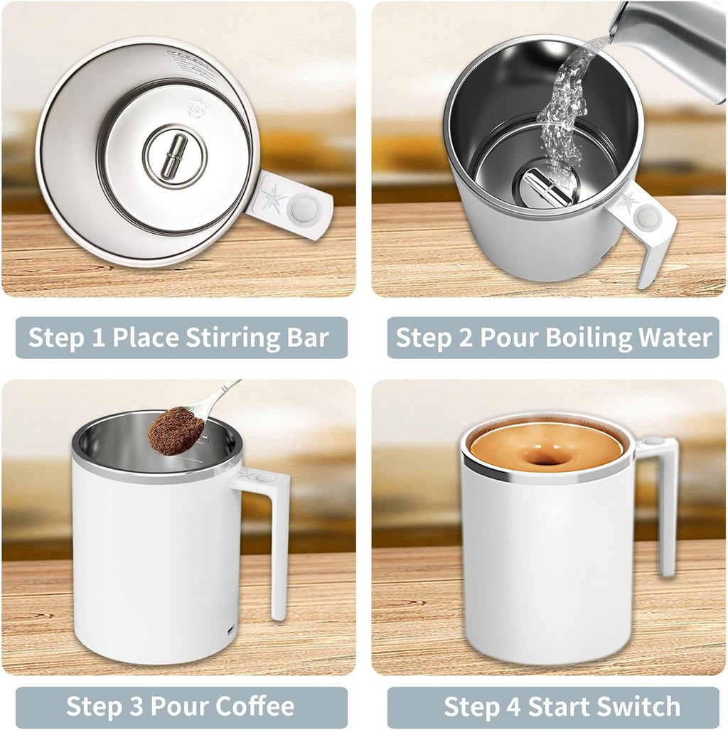 Self Stirring Coffee Mug, 12.2 Oz Electric Mixing Cup with Magnetic Stirrer & Anti-Sedimentation, Rechargeable Travel Mug for Coffee, Milk, Hot Cocoa (White)