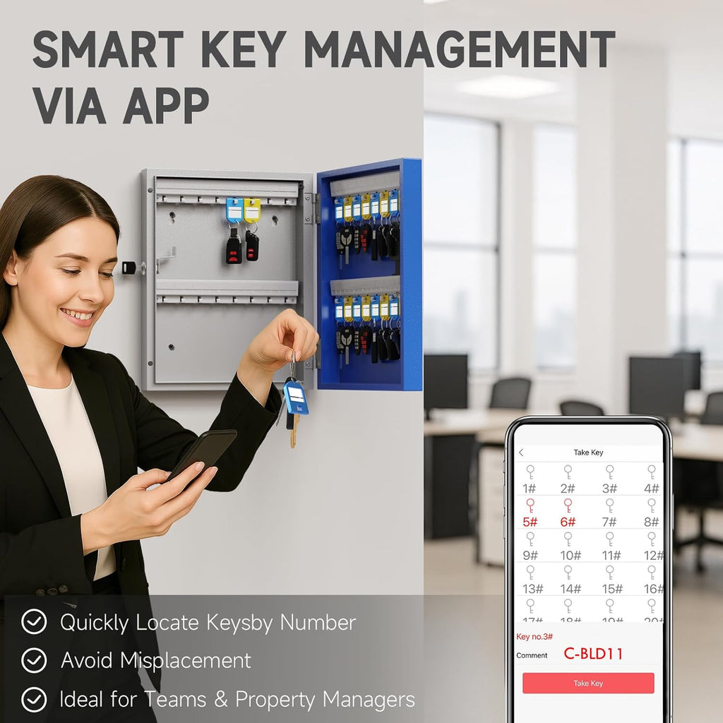 32-Key Smart Key Lock Box Wall Mount – Commercial Key Cabinet with App, Keypad, Bluetooth & Wifi Unlock (Sold Separately), Access Log Tracking, Key Management for Rental, Office, Property