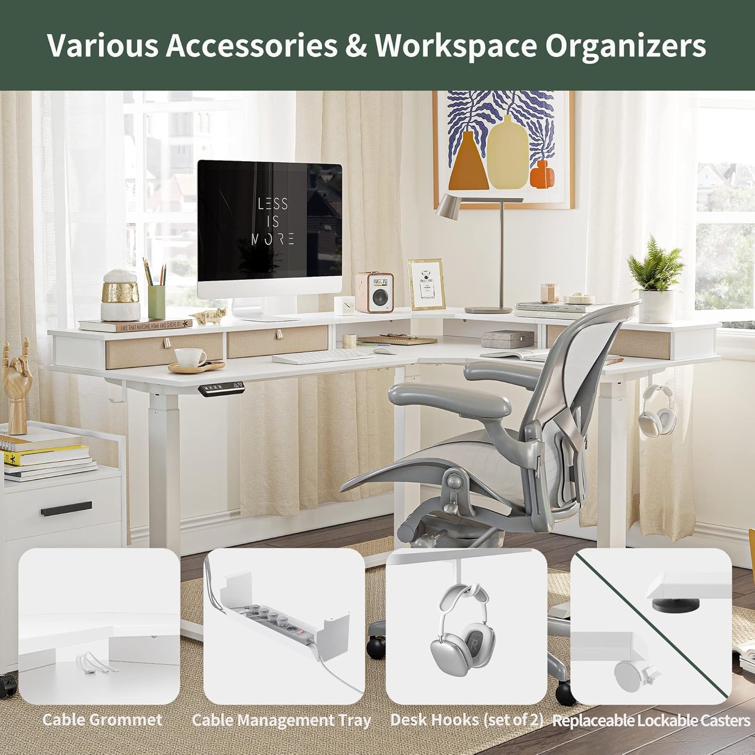 63" Triple Motor L Shaped Standing Desk with 3 Drawers, 330LBS Electric Standing Gaming Office Desk L Shape, Pure White