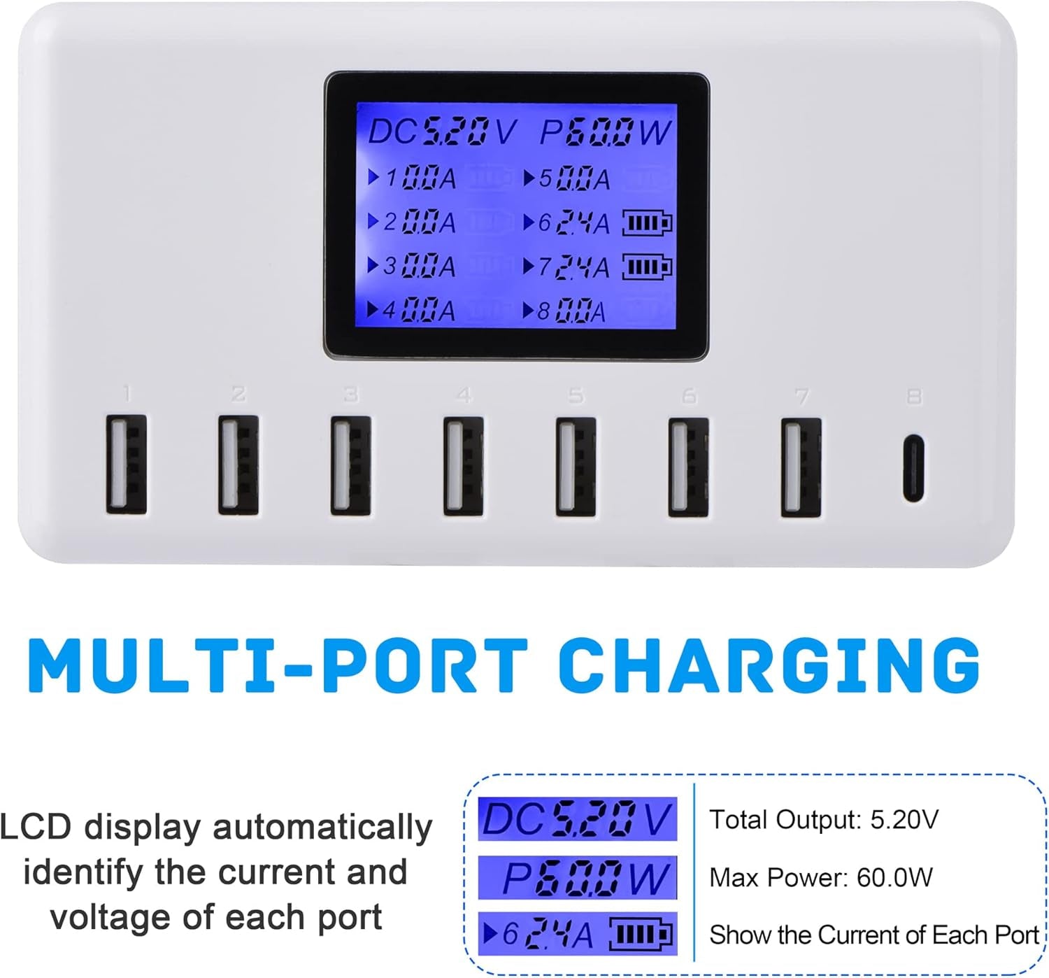 60W 12A 8-Port USB Charging Station - Multi Port USB Hub Charger with LCD Display - Compatible with Iphone, Ipad, Samsung, Kindle, Tablet, Bluetooth Earbuds and More